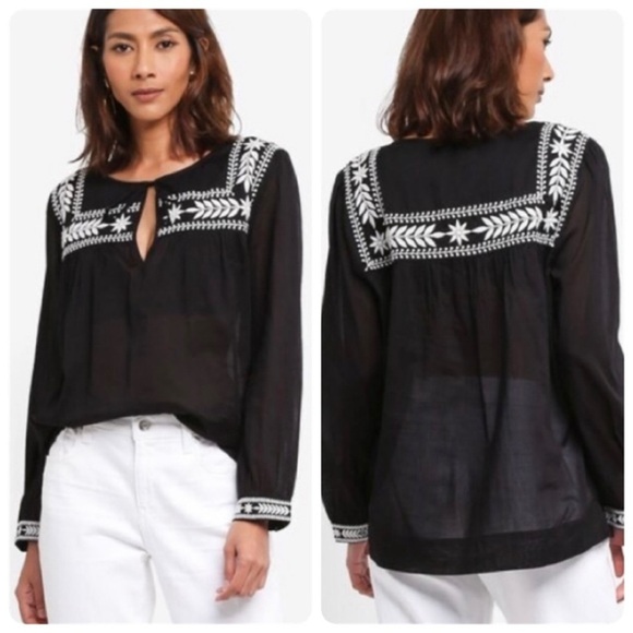 J. Crew Black Embroidered Tunic Cotton Flowy - Picture 1 of 7